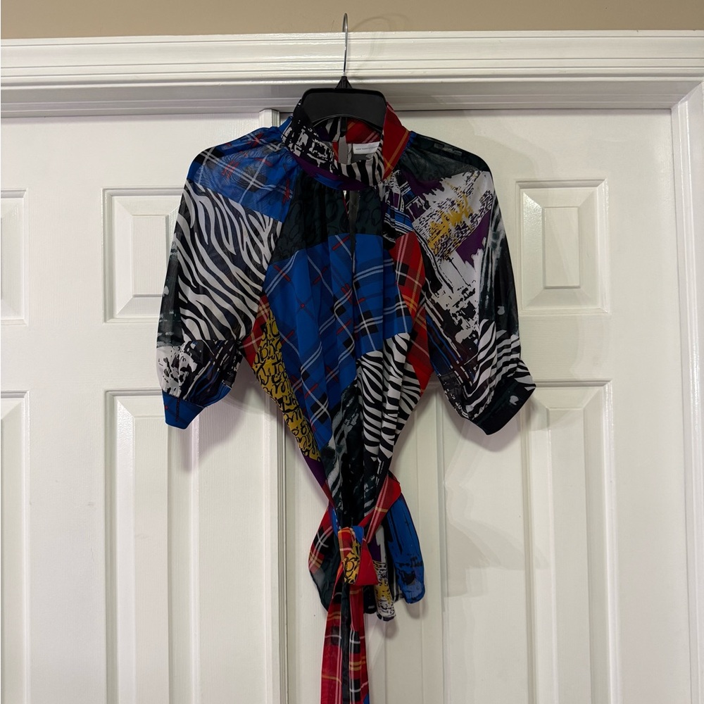 New York & Company Vibrant Red and Blue Patterned Blouse - Picture 2 of 6